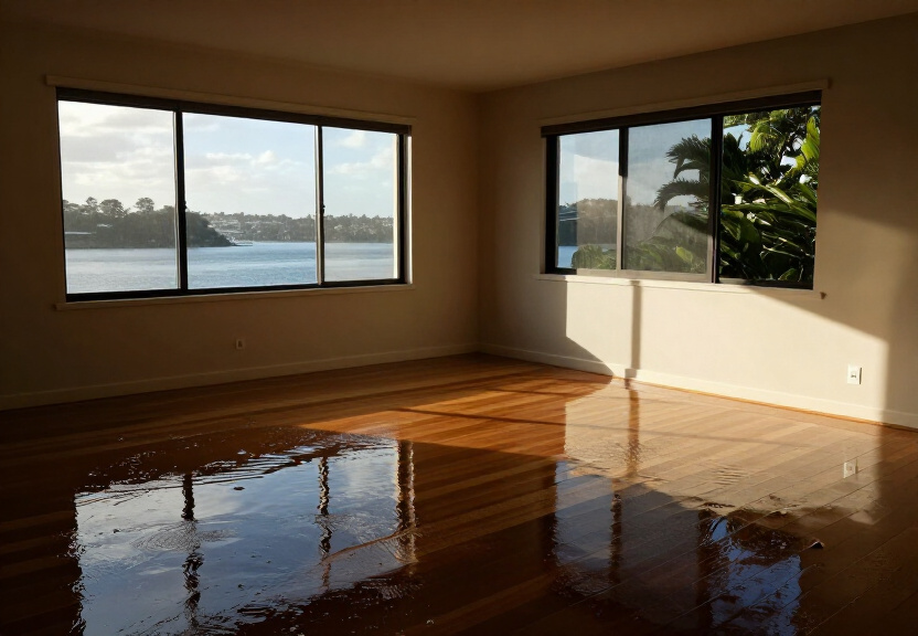Water-damaged living room in Luddenham before restoration